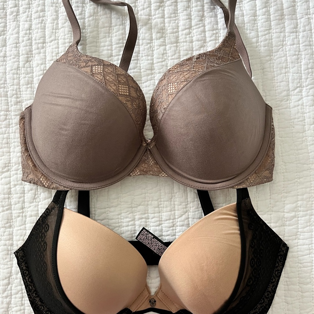 2 Victoria Secret Lace Trimmed Brown/Black and Taupe Bras 32DD